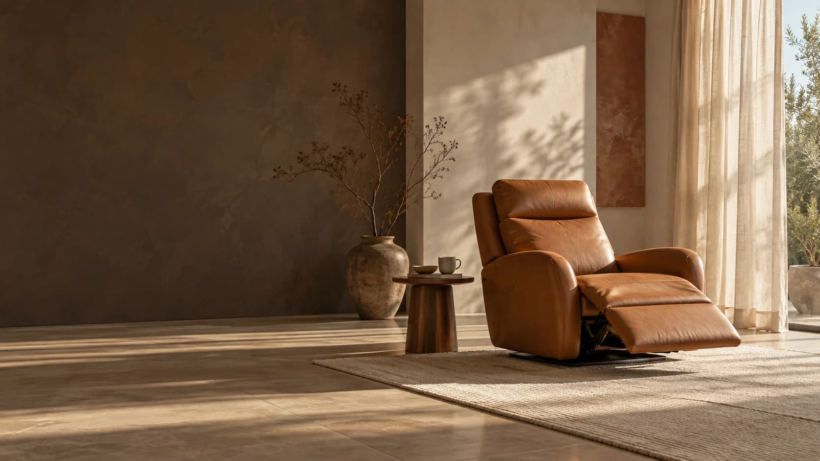 A caramel recliner in a warm, sunlit room — a Reclinerwala concept interior